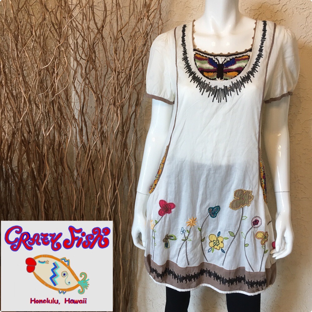 White Embroidered Floral Tunic Dress